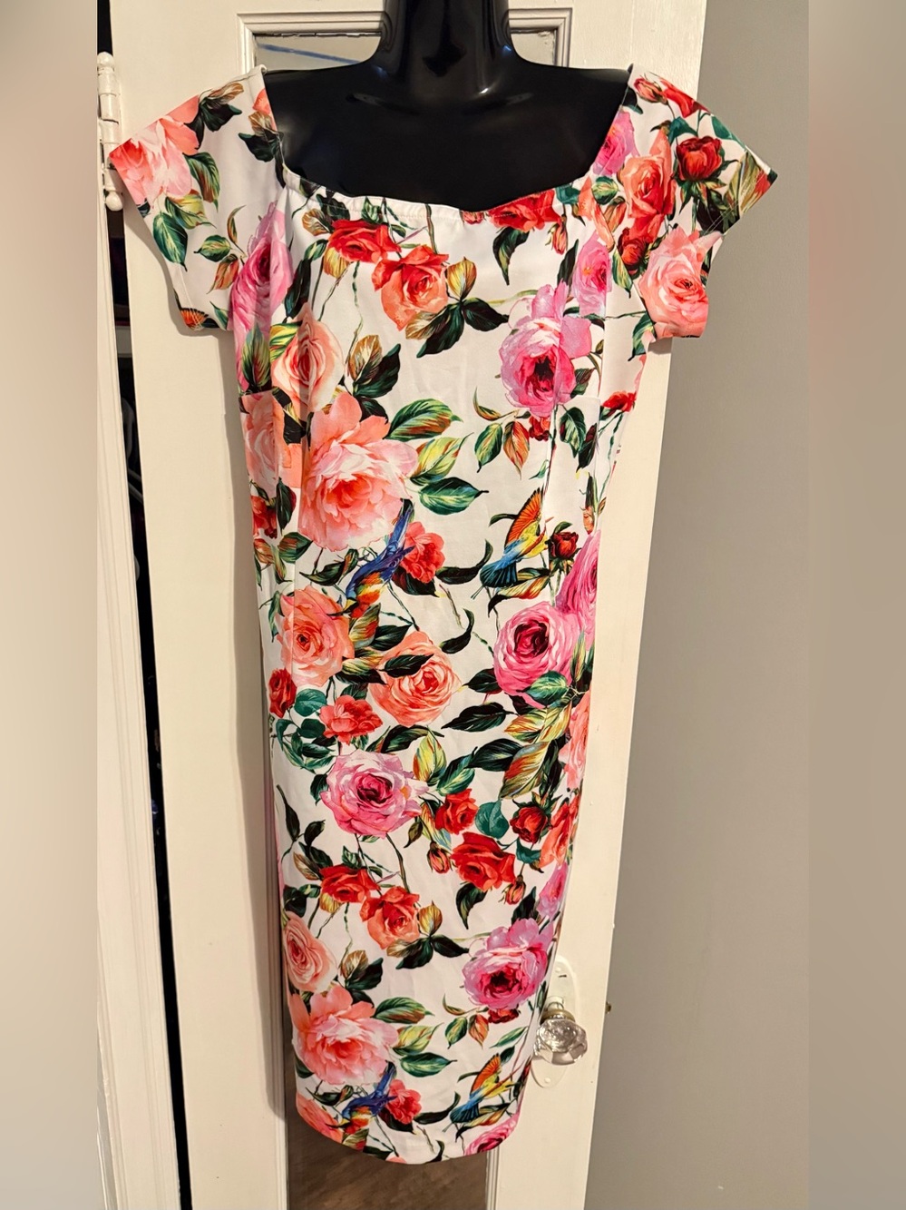 Alexia Admor Floral Off-The-Shoulder Portrait Scoop Neck Midi Sheath Dress Large